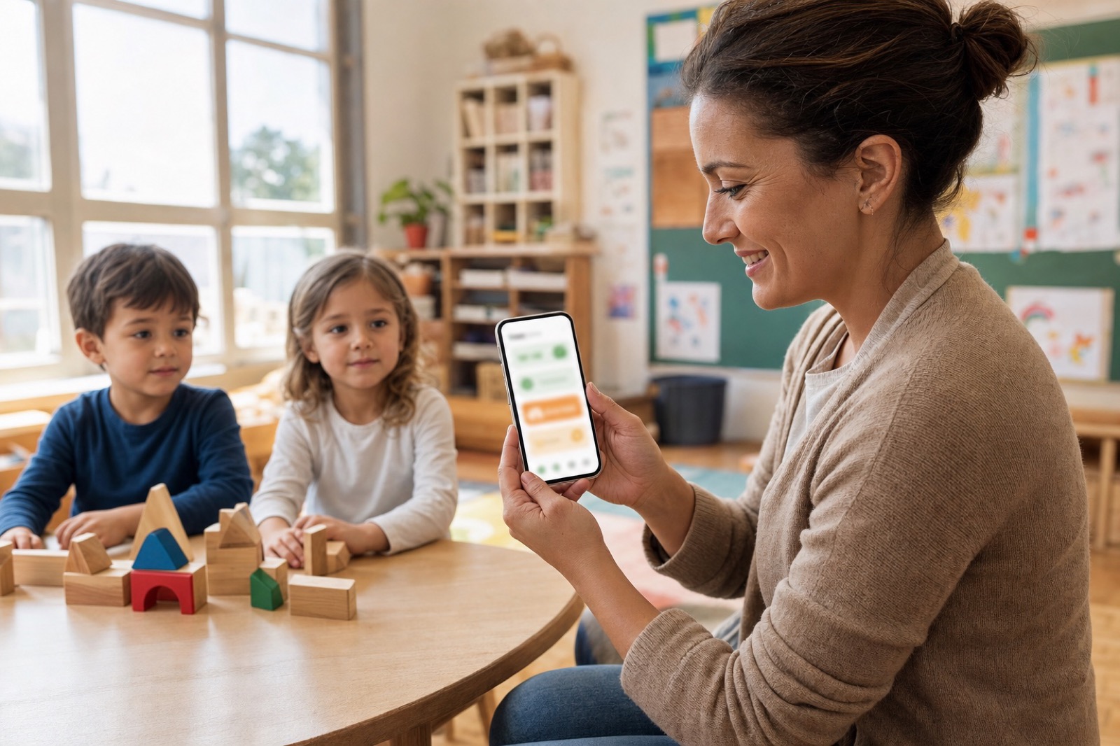 معلّمة تستخدم تطبيق MyKidTrack في فصل روضة مضيء